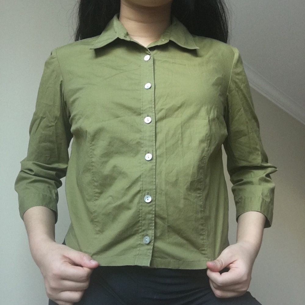 Ann Taylor Stretch Olive Green Button Down Shirt